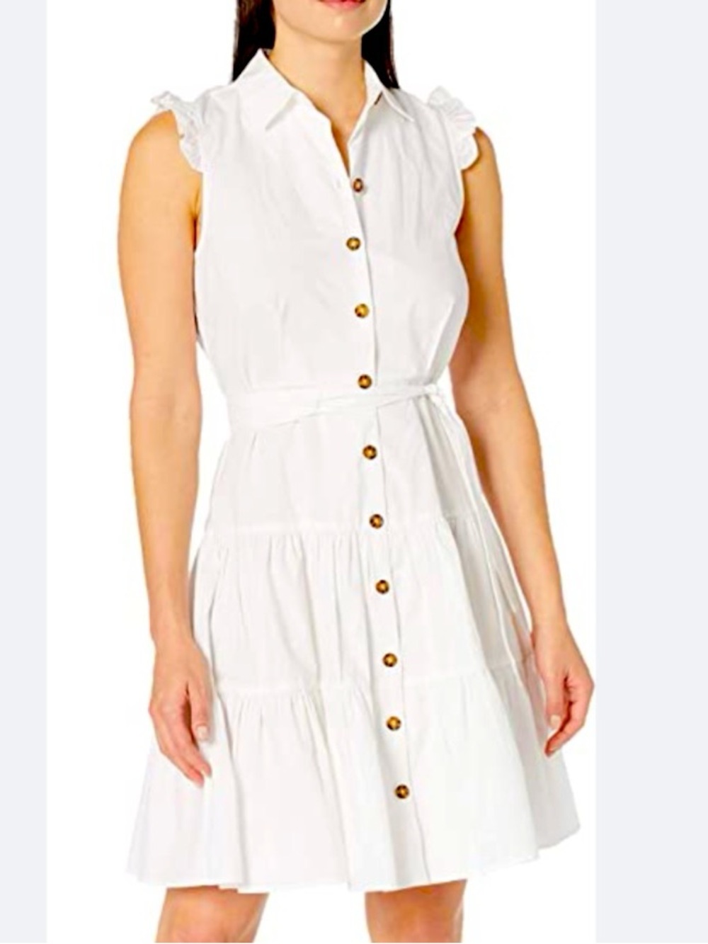 Calvin Klein White Sleeveless Tiered Button Front Shirt Dress Size 6 Boho Ruffle
